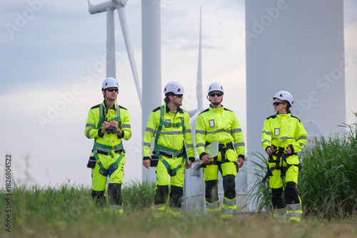 Team of workers wearing safety gear walking near wind turbines during the day
