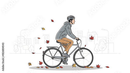 Cyclist Riding Through Autumn Leaves in Urban Setting.