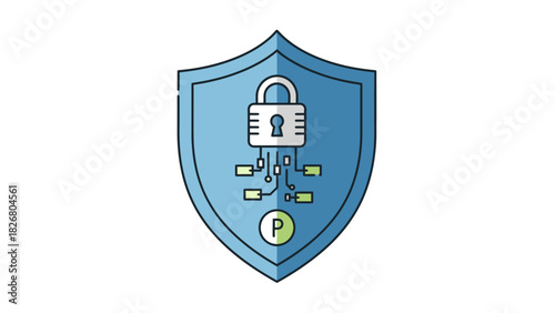 Digital Security Shield with Padlock and Network Connections.