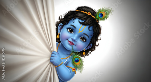 Cute Baby Krishna Peeking from Behind White Curtain Holding Peacock Feather