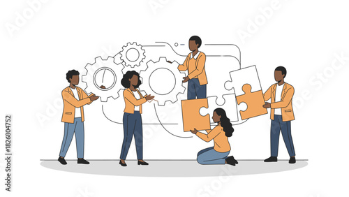 Diverse Team Collaborating on a Project with Puzzle Pieces and Gears.