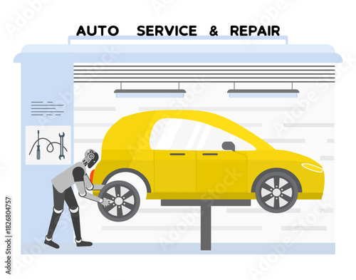 Mechanic robot working on yellow car in auto service garage, concept of robotics in maintenance