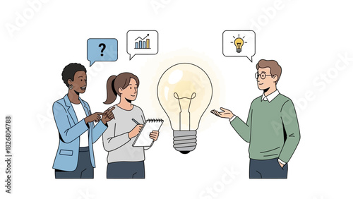 Diverse team brainstorming innovative ideas around a giant lightbulb.