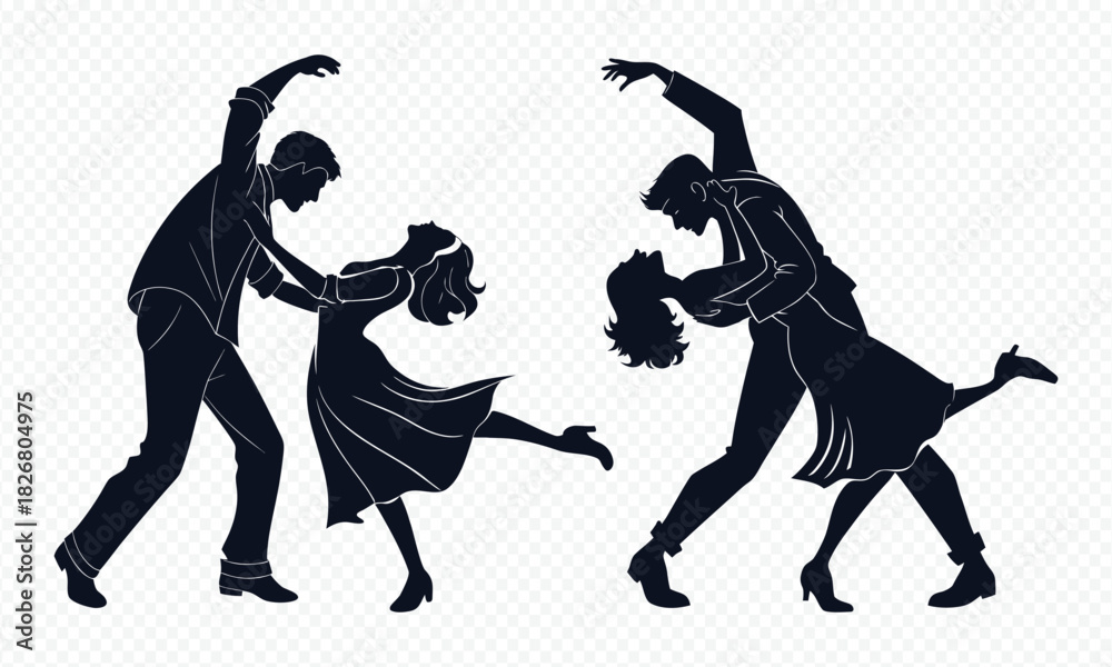 Obraz premium a passionate couple elegantly dancing a lively swing dance showcasing rhythmic movement and joyful connection silhouette high quality