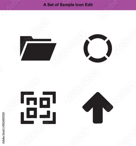 Set of four black icons folder lifebuoy qr code upload arrow collection graphic
