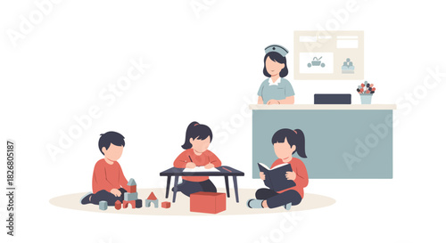 Children reading and playing with toys while a nurse or caregiver stands behind a reception desk in a bright and colorful illustration of a pediatric clinic or daycare setting