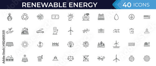 Renewable energy line icon set. Vector pictograms of solar power, wind turbines, eco resources, water flow, electric charge, green technology, sustainability items and environment illustration