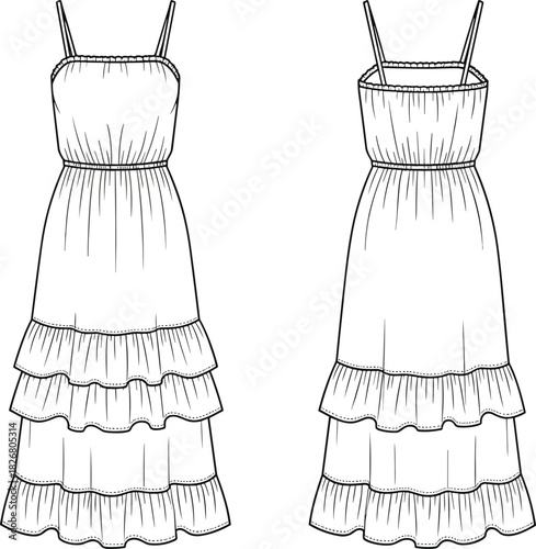 Tiered maxi dress technical sketch, front and back view, spaghetti straps, gathered bodice, cad drawing flat vector illustration