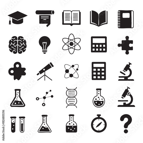 Collection of black science and education icons on white background vector
