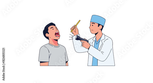 Doctor examining a young man’s throat with a tongue depressor and light in a flat-2d illustration style, medical checkup for sore throat or infection