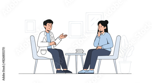 Psychologist discussing with patient seated on chairs in a room with plants and framed artwork on the wall, depicting a therapy session