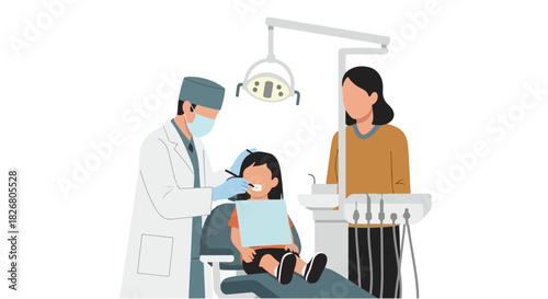 Dental Care For Children A Dentist Examining A Young Patient's Teeth In A Modern Dental Clinic With A Parent Present, Flat 2D Illustration