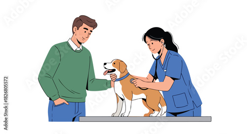 A veterinarian is examining a dog on a table with a male owner standing nearby, the veterinarian uses a stethoscope to check the dog's heart rate, flat 2d illustration