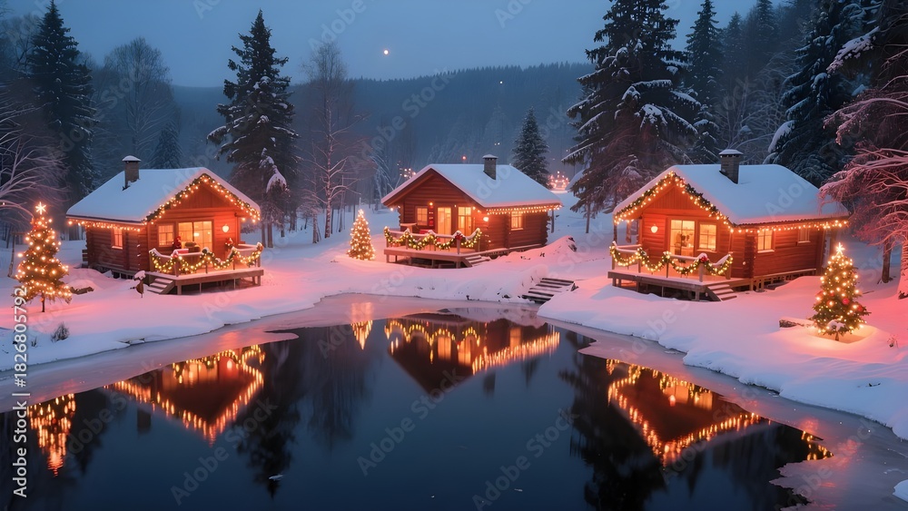 Obraz premium Cozy illuminated cabins reflected in a winter lake at dusk