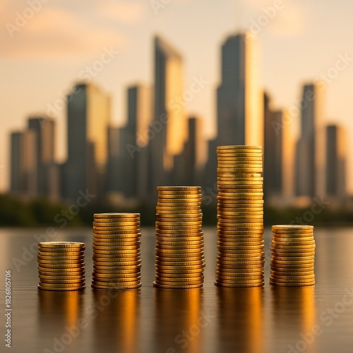 Gold Coins Stack Against Modern City Skyline 021125