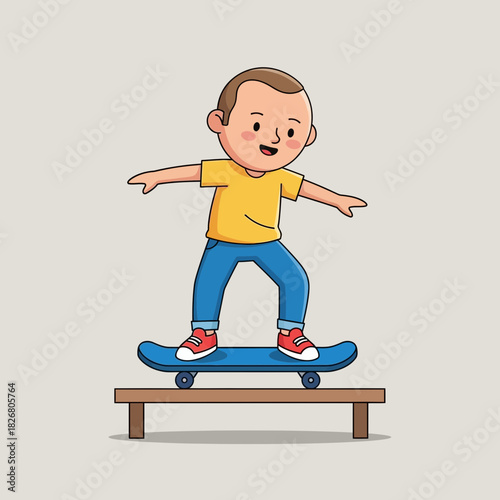 Cartoon Boy skateboarding with balance and joy