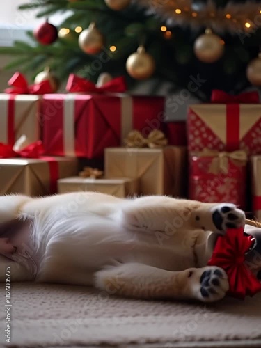 Golden retriever puppy playing with a red bow near christmas gifts and christmas tree indoors home setting
