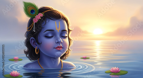 Peaceful Baby Krishna Meditating in Water at Sunset with Lotus Flowers