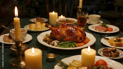 Festive candlelit dinner table with roasted turkey and side dishes