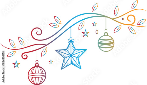 Festive Holiday Ornament Design A Colorful Illustration of Christmas Star and Ball Decorations on a Branch with Leaves and Twirls for Festive Season