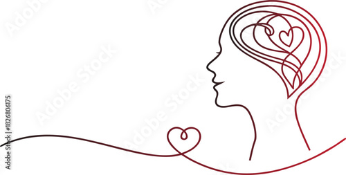 Conceptual line art depicting a woman's profile with a heart-shaped brain, symbolizing love, emotion, and mental well-being, rendered in a minimalist red and black style