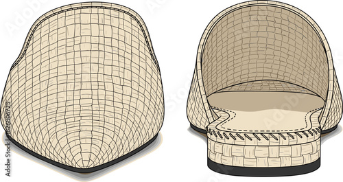 Vector illustration of woven raffia mules, front and back view, summer fashion footwear, technical drawing, beige straw slippers, isolated flat sketch, casual shoe design.