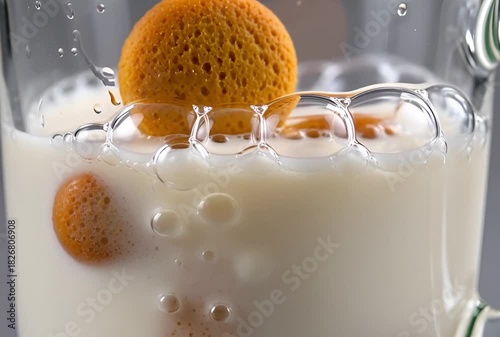 Gingerbread man cookie partially submerged in a glass of milk close up shot view image