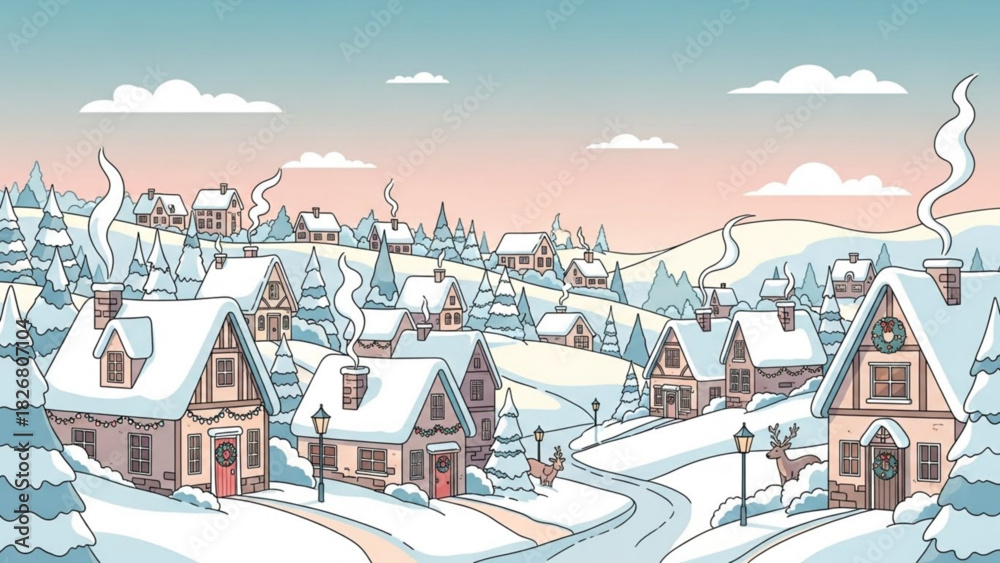 Fototapeta premium Enchanting winter village scene with snow-covered houses and gentle pastel sky evokes holiday charm for seasonal greetings and cozy winter themes