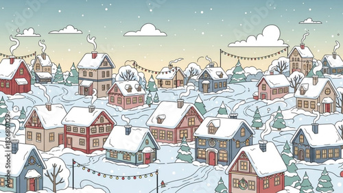 Charming winter village scene with snow-covered houses and festive decorations, perfect for holiday promotions, greeting cards, or seasonal designs, originally scalable vector