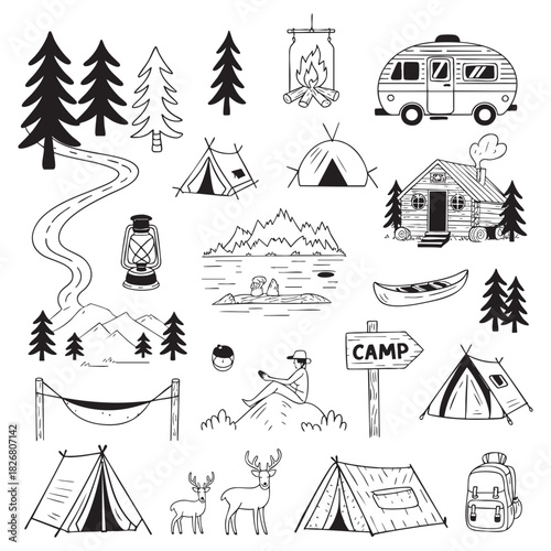 Hand drawn camping elements with trees tents cabin and deer forest nature