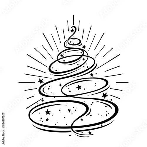 Festive Spirals: An elegant illustration of a Christmas tree is adorned with radiant streaks and delicate stars, a perfect symbol for the holiday season.