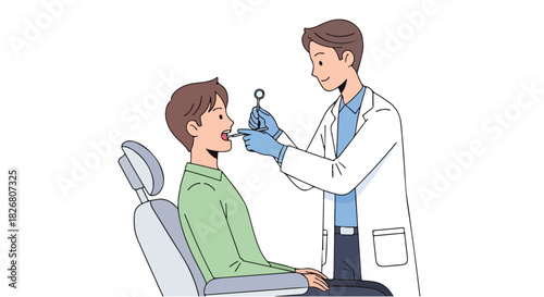 Dentist Examining Patient's Mouth with Dental Tool A Flat 2D Illustration Depicting a Routine Dental Check-up and Oral Health Examination for Preventive Care