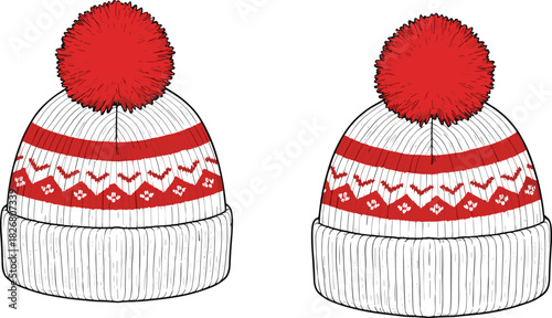 Vector technical sketch of winter knitted beanie with pompom, fashion flat drawing, front and back view, red nordic pattern design template for apparel tech pack