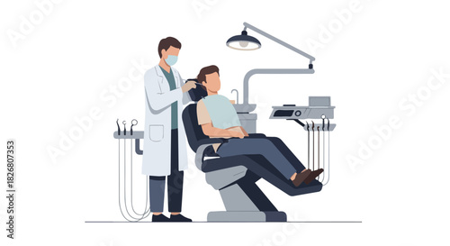 A flat 2D illustration depicting a dentist in a uniform performing a dental check-up on a patient seated in a dental chair under a bright examination lamp