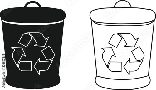 Minimalist recycling bin icons for eco-friendly UI design, black & white vector set on a white background