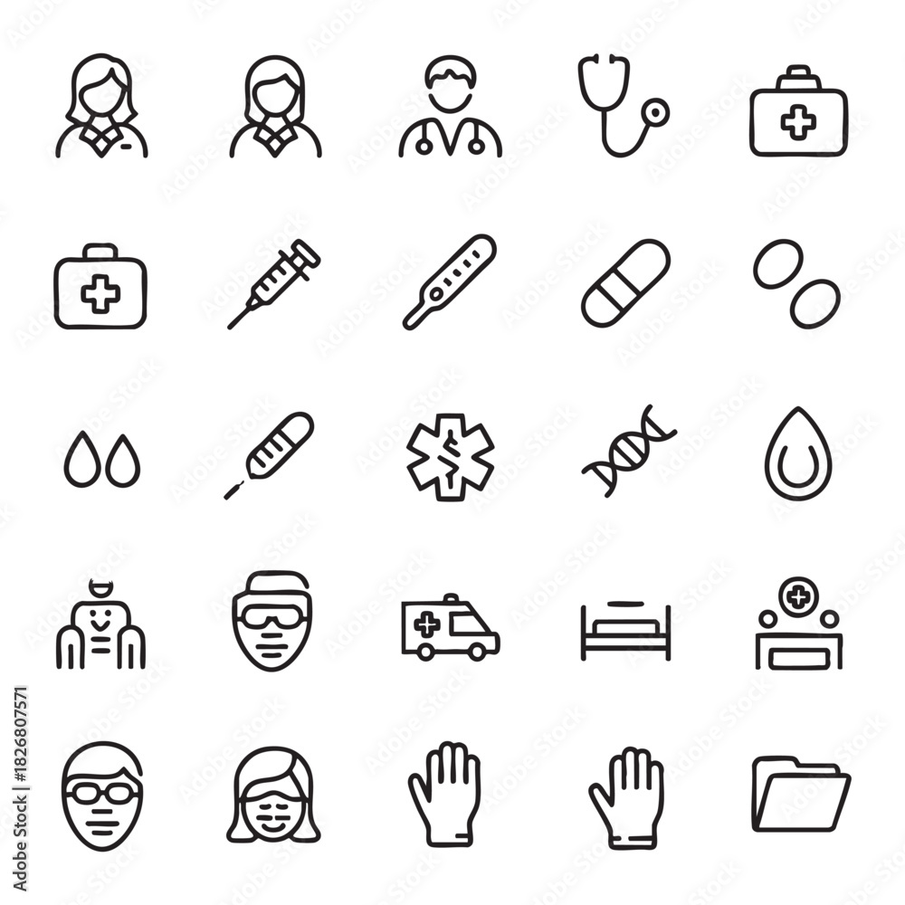 Fototapeta premium Medical icons set with doctor nurse stethoscope syringe and ambulance healthcare icons