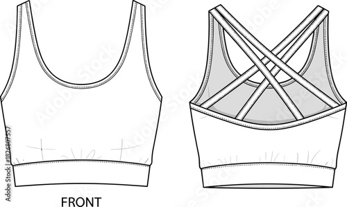 Women's strappy sports bra technical drawing, vector illustration showing front and back views, scoop neckline, crisscross details, and elastic hem for activewear design templates.