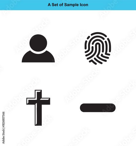 Set of four black icons person fingerprint cross minus sign symbol silhouette