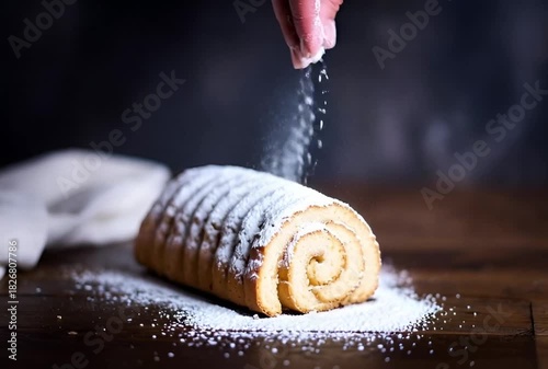 Hand sprinkling powdered sugar on a cake roll on a wooden surface in a dark setting scene shot