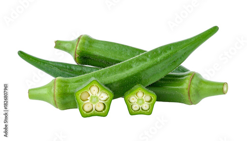 Close-up studio shot of a pile of fresh green okra pods, some cut to reveal seeds