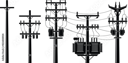 Utility pole silhouette, electrical infrastructure, power distribution, transformer setup, insulator design, engineering sketch, black vector, grid system, illustration, CAD