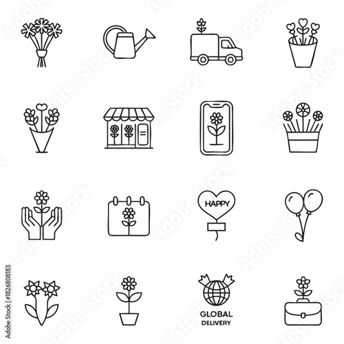 Set of line art icons representing flowers and floral delivery services bouquet watering can