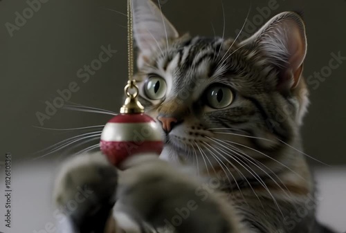 Tabby cat reaching for a red christmas ornament with gold accents hanging from above indoors view