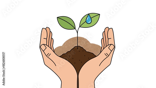 Hands Holding a Sprout with Water Drop, Symbolizing Environmental Care.
