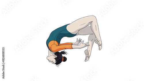 Illustrated female gymnast performing an extreme backbend flexibility pose.