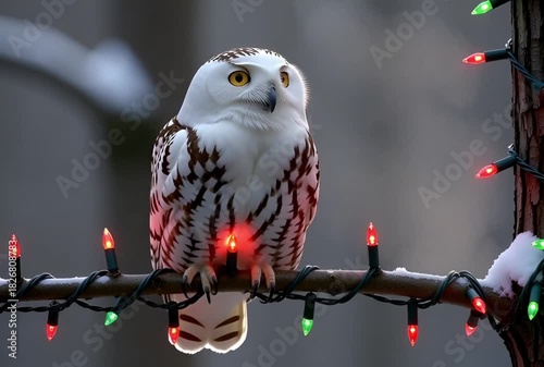 Snowy owl perched on a branch decorated with christmas lights in a winter scene outside nature view