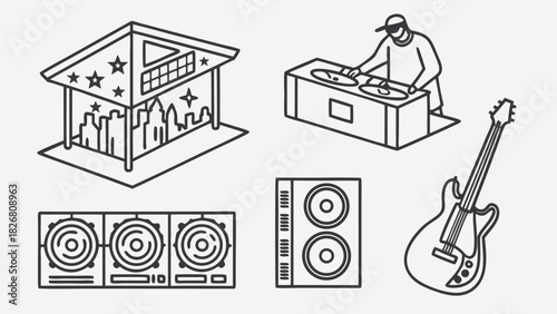 A set of black and white line art icons depicting music festival elements, including a DJ, stage, guitar, and speakers.