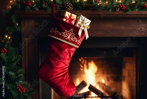 A christmas stocking filled with presents hanging near a fireplace with a christmas tree nearby
