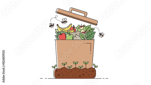 Overflowing compost bin with fruits vegetables and flies sprouting plants below.