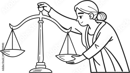 Hand-drawn woman in robe balancing scales of justice, black outline vector illustration, legal concept.